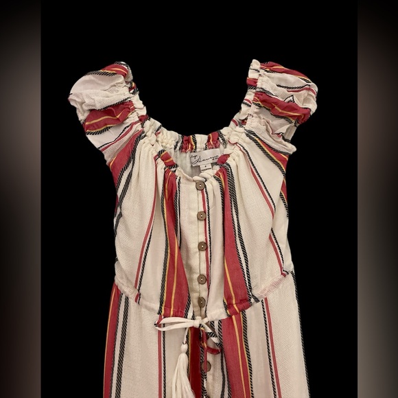 Vintage Havana hi low ruffle off shoulder flowy maxi dress linen striped S - Picture 5 of 7